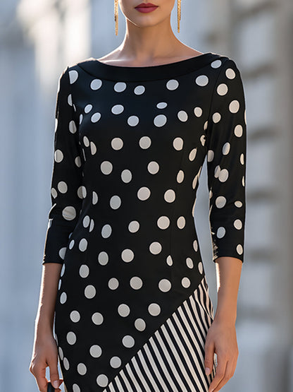 Mixed-Print Asymmetrical Midi Dress
