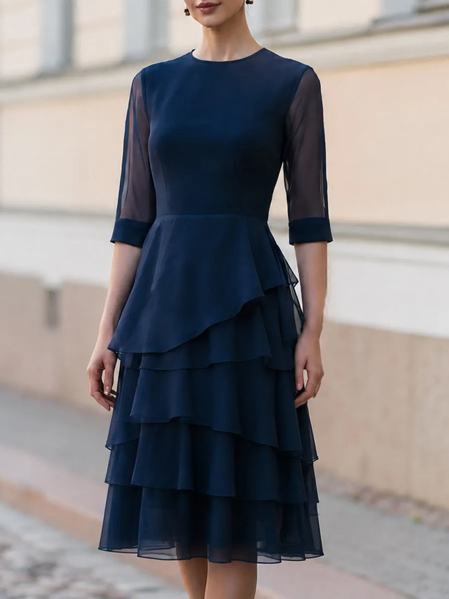 Sheer 3/4 Sleeve Tiered Chiffon Midi Dress, Wedding Guest & Cocktail Party Dress