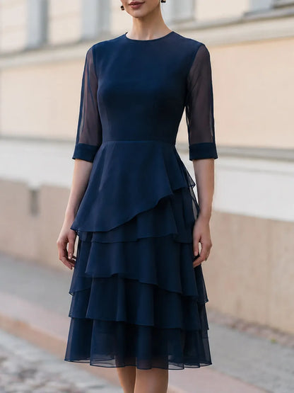 Sheer 3/4 Sleeve Tiered Chiffon Midi Dress, Wedding Guest & Cocktail Party Dress