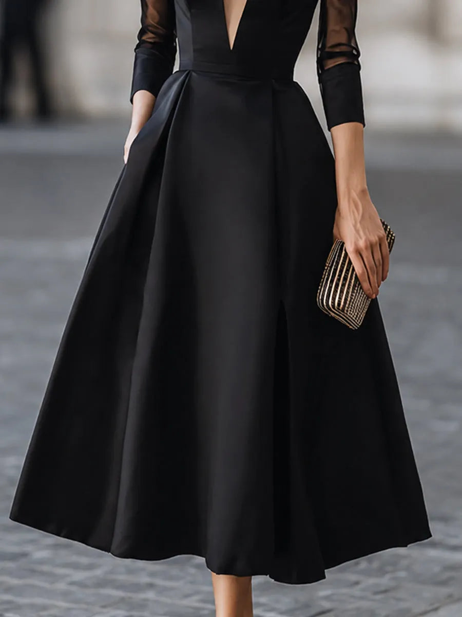 Plunging V Neck Sheer Mesh Sleeve Glossy Satin Swing Midi Dress