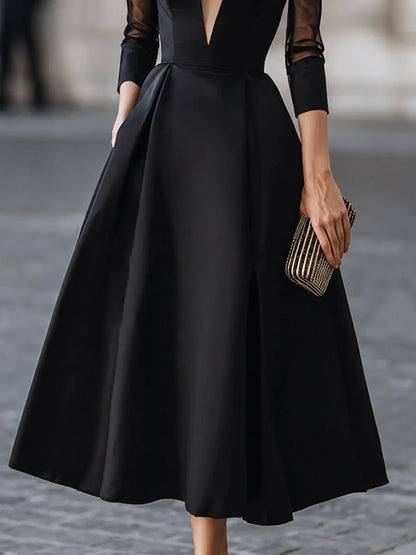 Plunging V Neck Sheer Mesh Sleeve Glossy Satin Swing Midi Dress