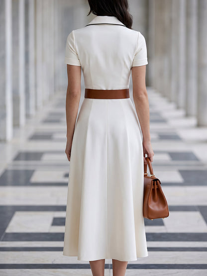 Contrast-Trim Zip-Front A-Line Midi Dress
