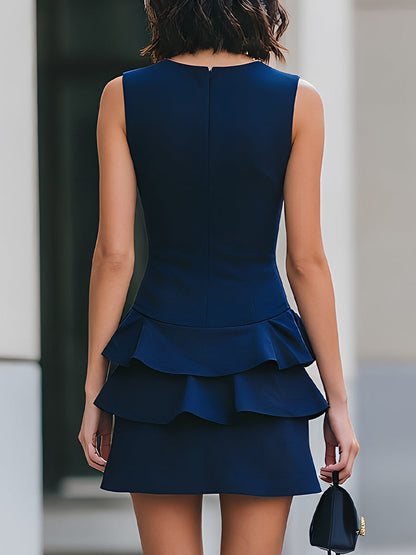 Navy Sleeveless Round-Neck Tiered Peplum Mini Dress