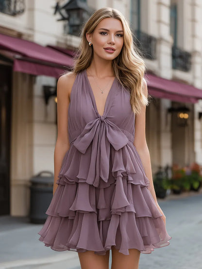 Tiered Ruffle Halter Mini Dress With Front Bow Detail