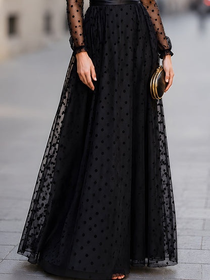 Elegant Polka Dot Mesh Long Sleeve Maxi Dress