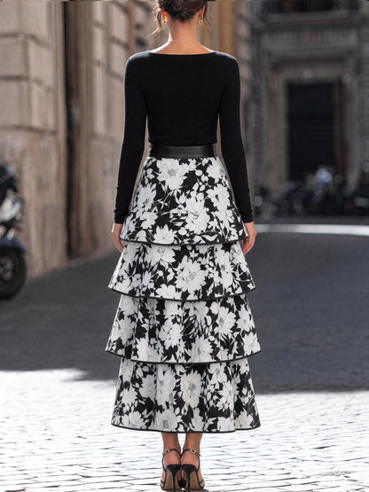 Fitted Top And Tiered Floral Print Midi Skirt Set
