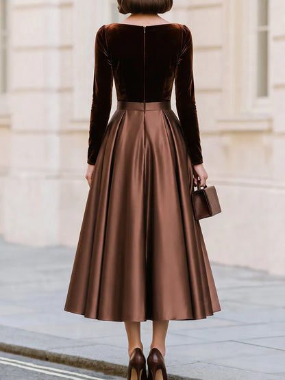 Boat Neck Long‐Sleeve Velvet‐Bodice Satin‐Skirt Midi A‐Line Dress