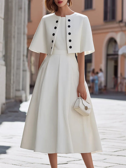 Cropped Capelet Jacket And Flared Midi Dress Set