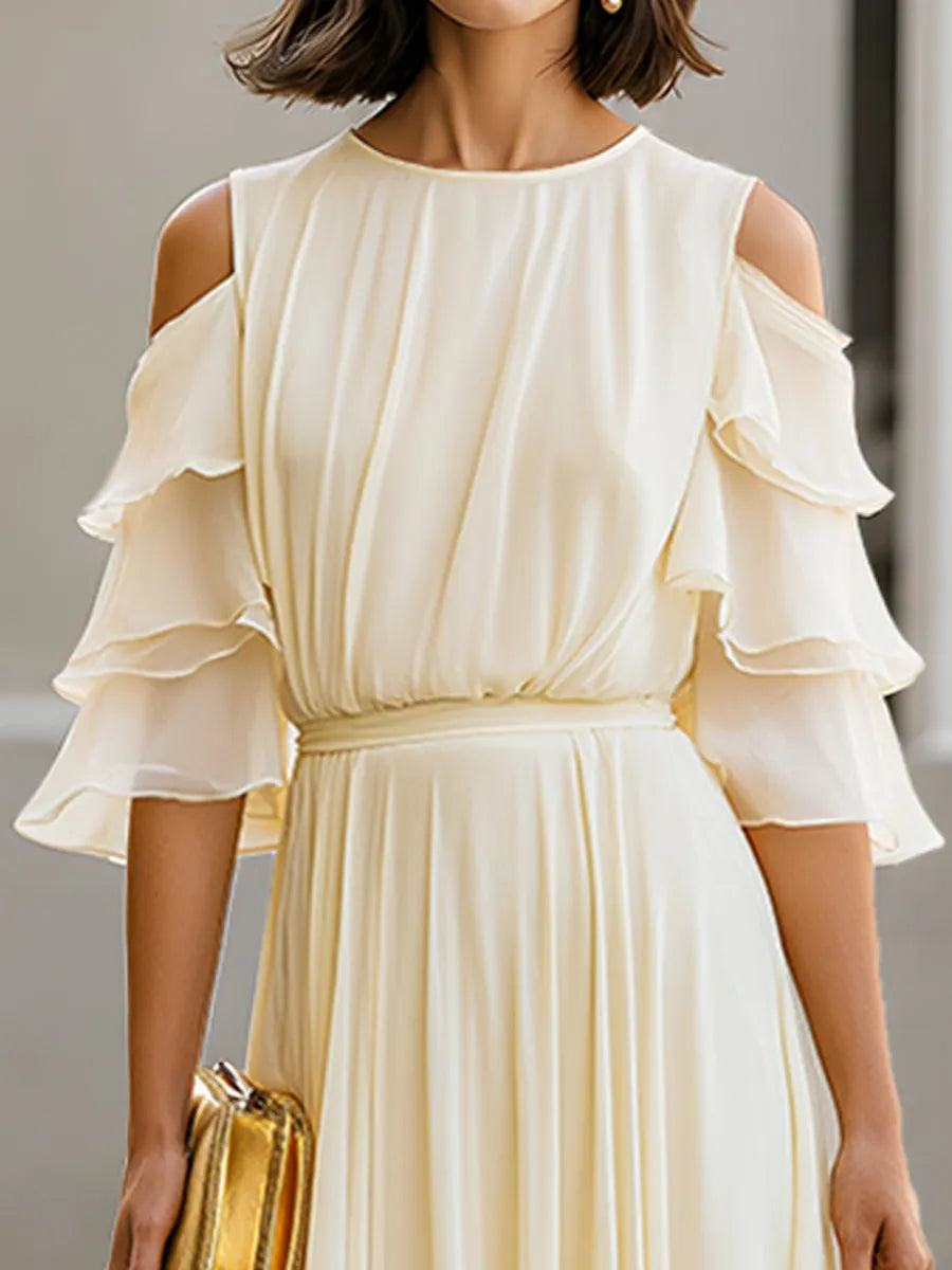 Cold Shoulder Layered Sleeve Chiffon Maxi Dress Flowing Pleats