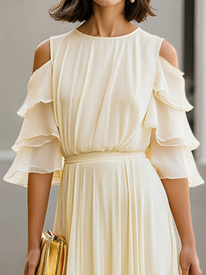 Cold Shoulder Layered Sleeve Chiffon Maxi Dress Flowing Pleats