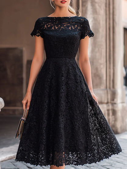 Elegant Floral Lace Boat Neck A-Line Midi Dress