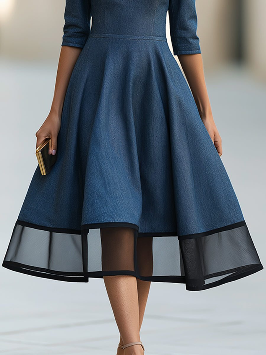 Sheer Hem Bateau Neck A-Line Midi Dress
