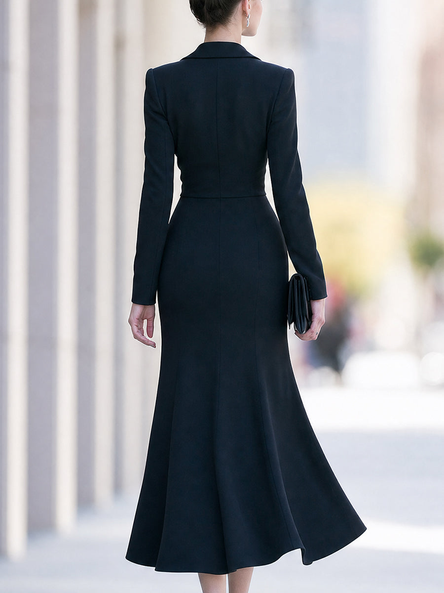 Asymmetric Lapel Long-Sleeve Midi Dress