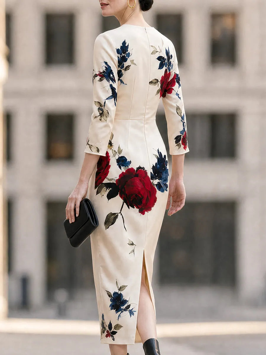 Floral Print Round Neck 3/4 Sleeve Bodycon Midi Dress