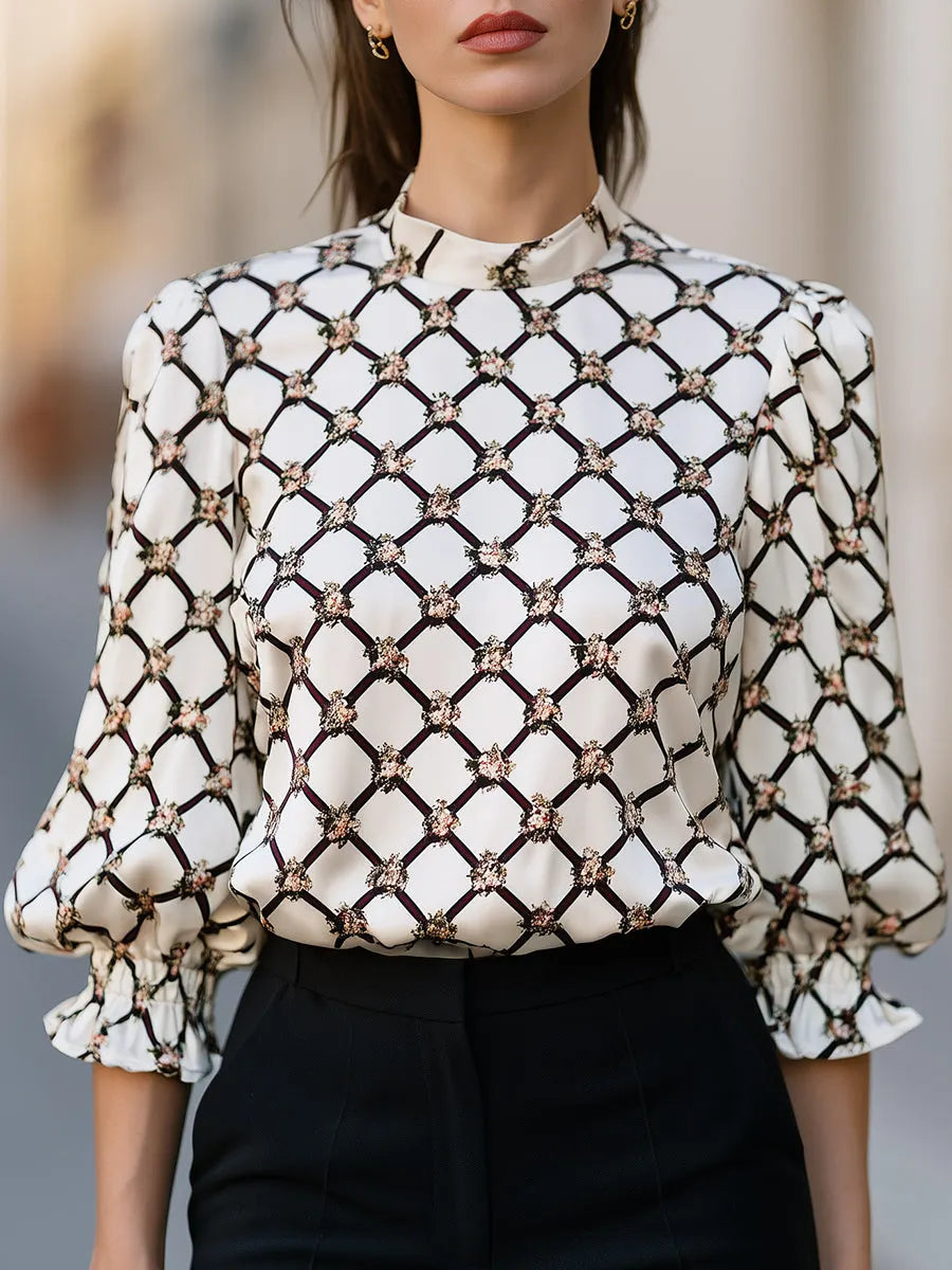Geometric Floral Print Satin Blouse