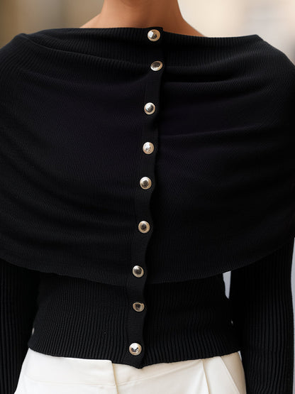 Boat-Neck Button-Down Draped Knit Sweater