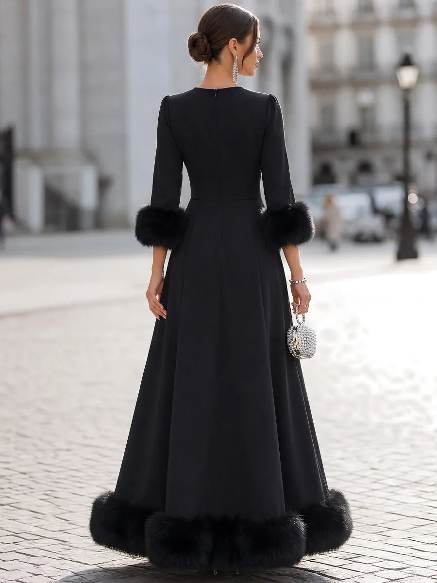 Faux-Fur Trimmed V-Neck A-Line Maxi Dress
