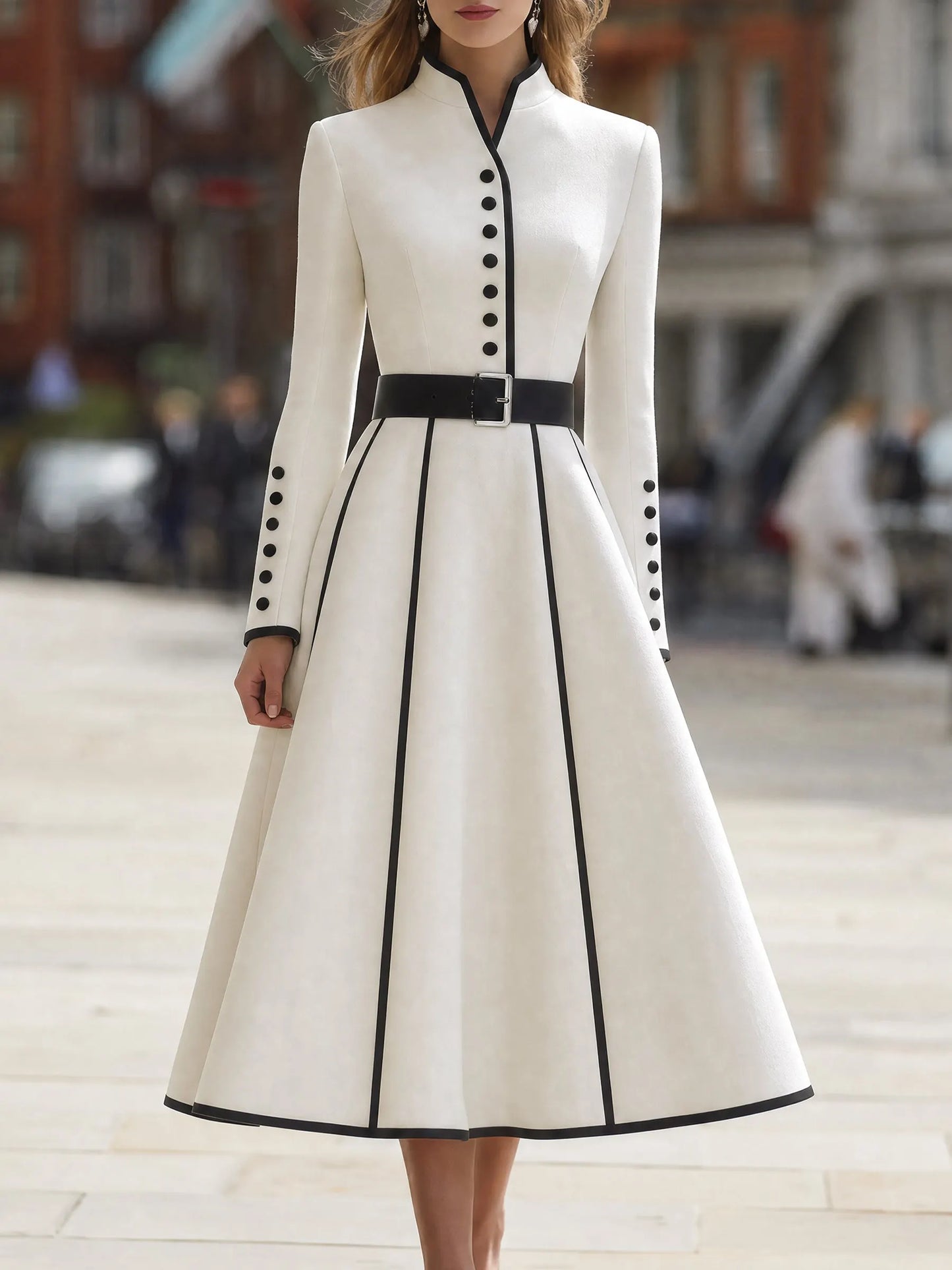 Contrast Trim Belted Flare Midi Dress