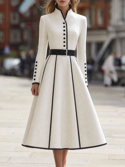 Contrast Trim Belted Flare Midi Dress
