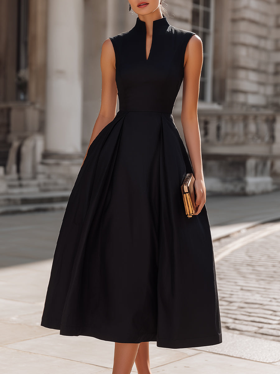 High-Neck Sleeveless Structured A-Line Midi Dress
