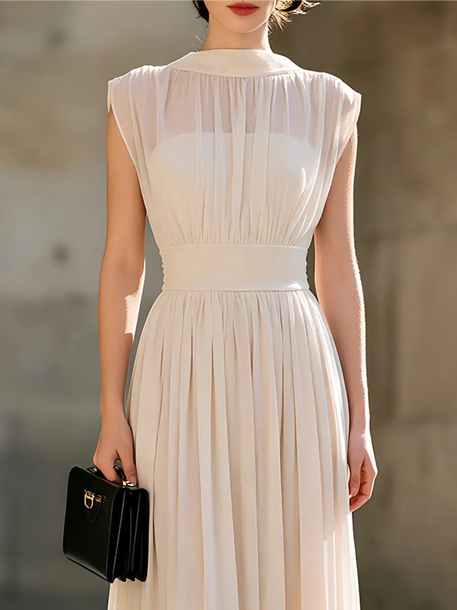 High-Neck Sleeveless Chiffon Pleated Maxi Dress