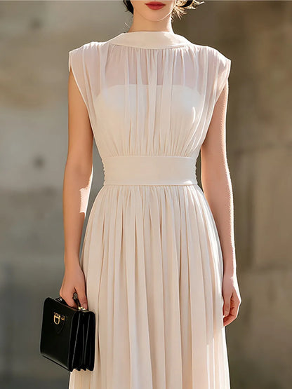 High-Neck Sleeveless Chiffon Pleated Maxi Dress