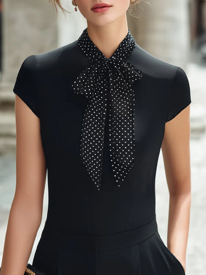 Polka-Dot Bow-Tie Neck Sculpted Top