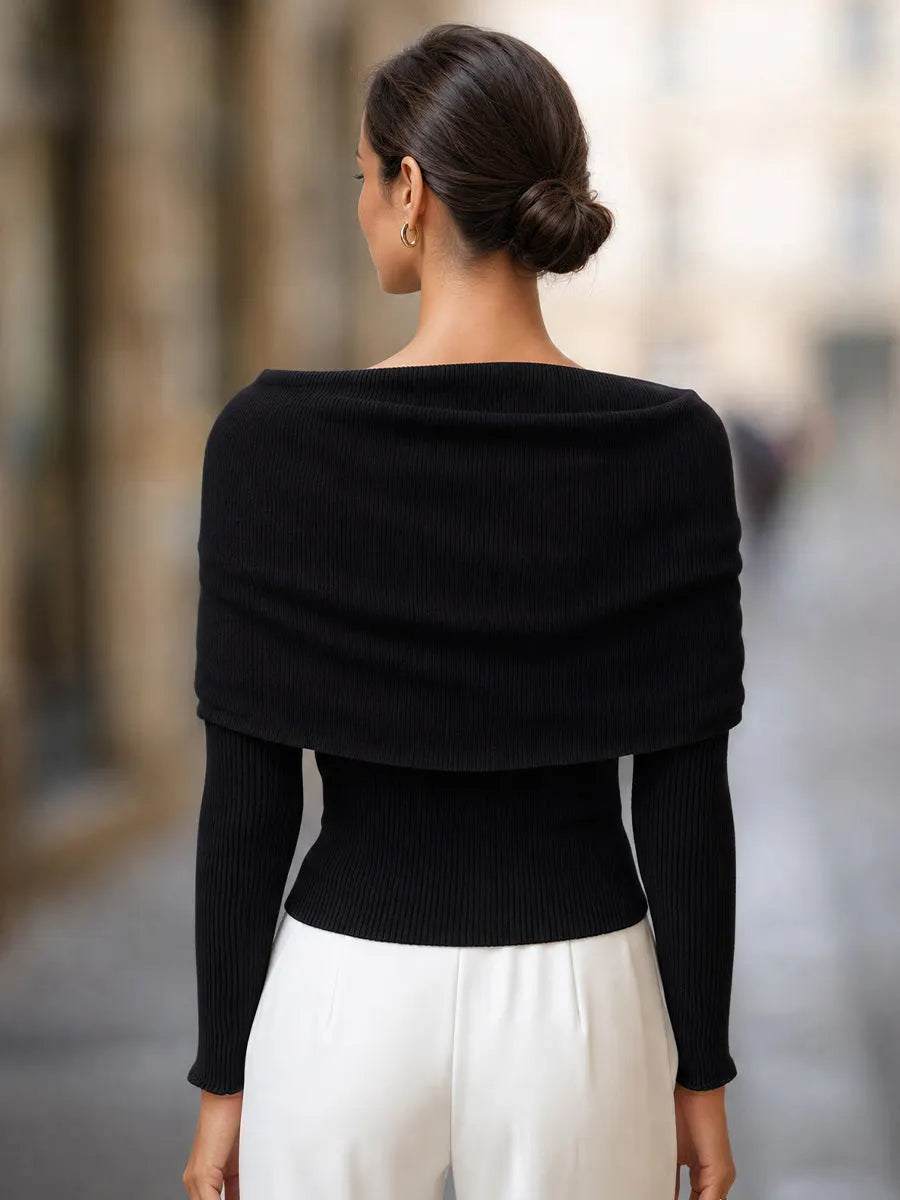 Boat-Neck Button-Down Draped Knit Sweater