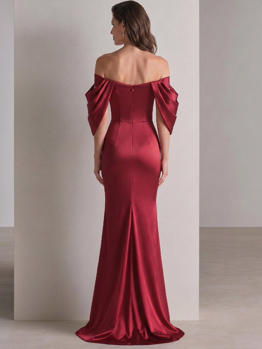 Off-Shoulder Draped Sleeve Ruched Satin Evening Gown