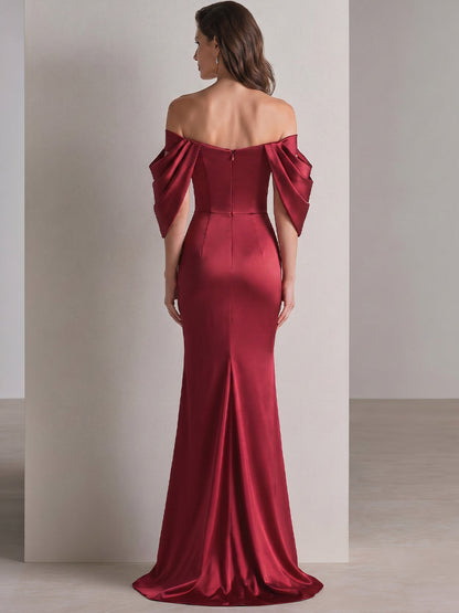 Off-Shoulder Draped Sleeve Ruched Satin Evening Gown