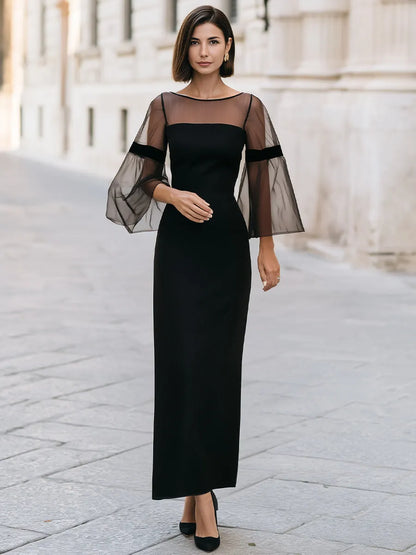 Elegant Sheer Bell Sleeve Column Maxi Dress