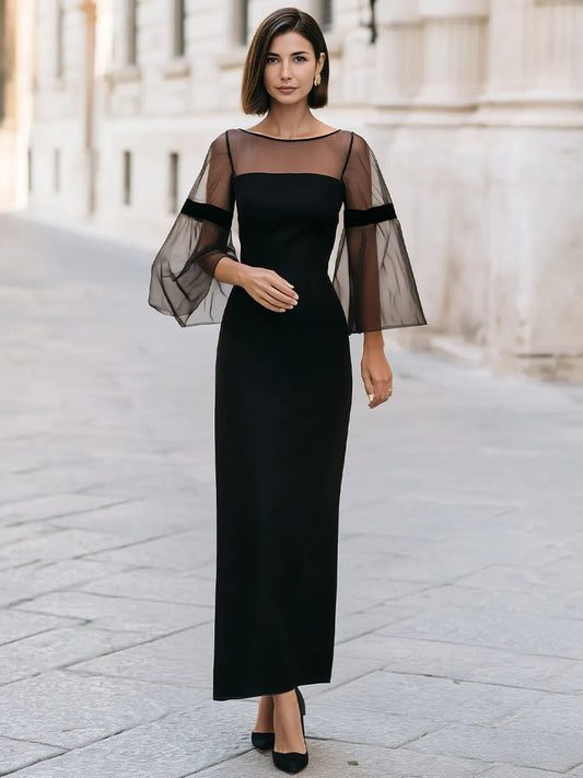 Elegant Sheer Bell Sleeve Column Maxi Dress