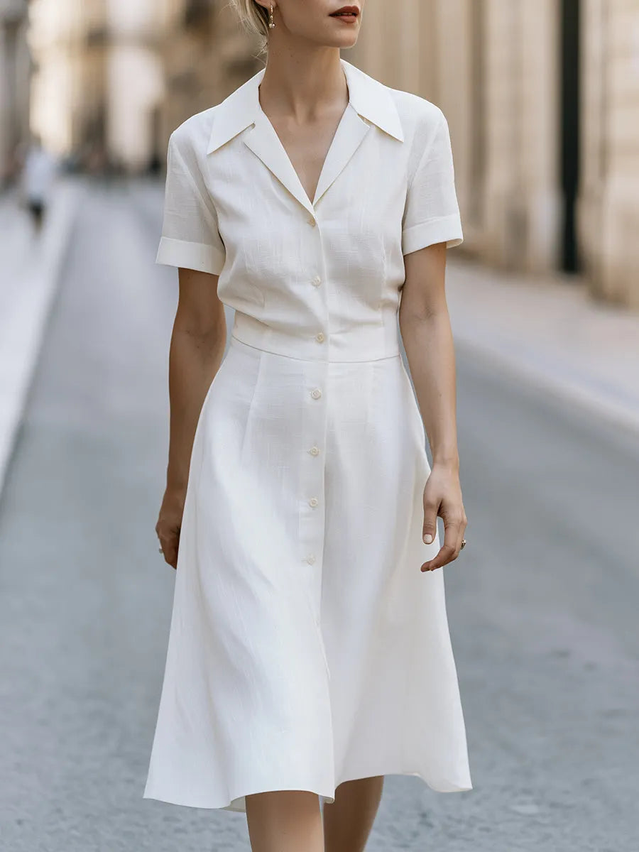 Linen Shirt Midi Dress With Front Button Closure And Flared A-Line Silhouette