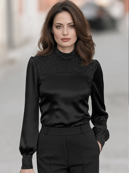 Embellished Yoke Satin Long Sleeve Blouse