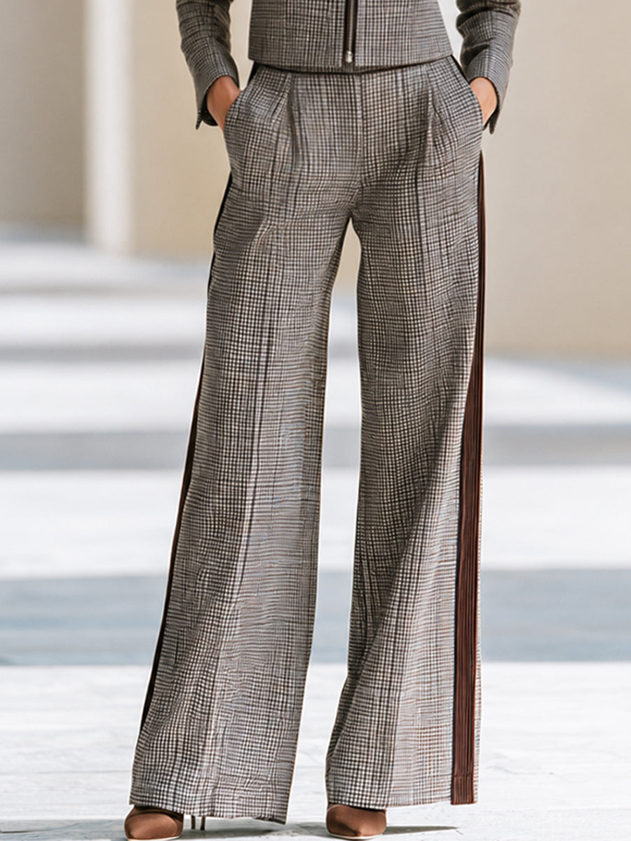 Contrast-Trim Plaid Jacket And Wide-Leg Pants Set