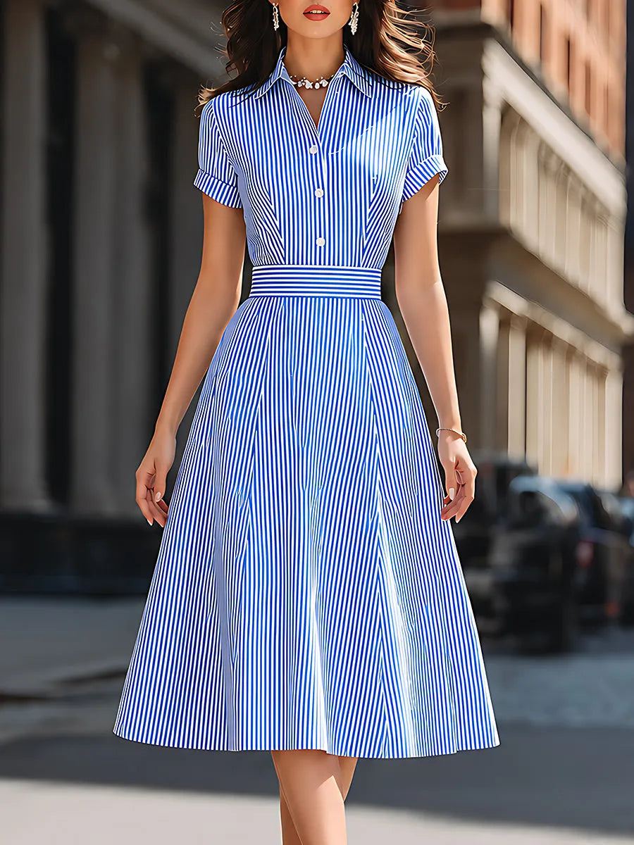 Striped Shirt Collar Fit-and-Flare Midi Dress