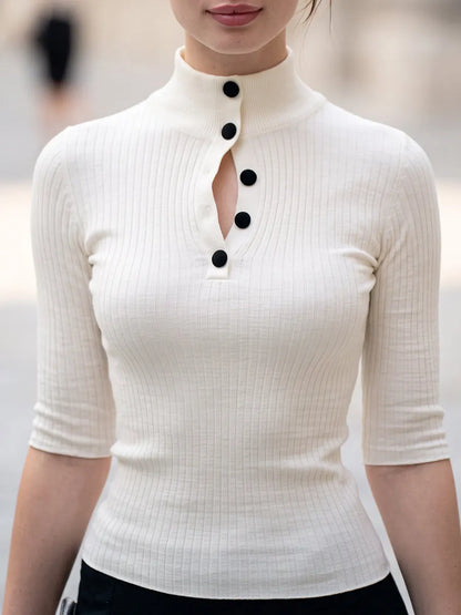 Button-Placket Ribbed Mock-Neck Knit Top