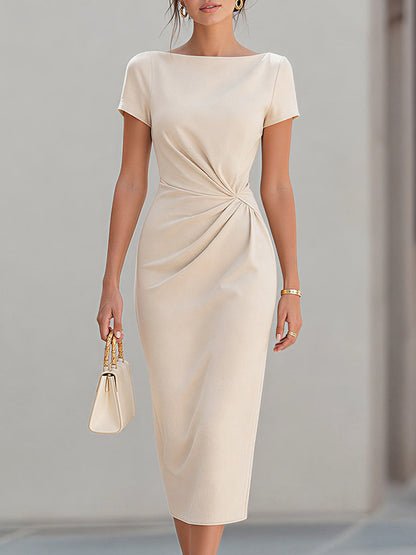Boat Neck Short-Sleeve Twisted Waist Sheath Midi Dress