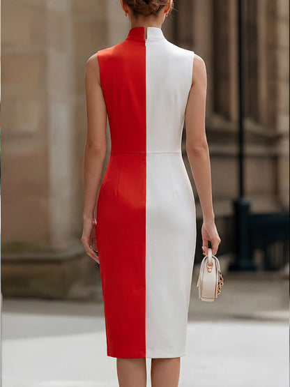 Color-Block Stand-Collar Button-Detail Midi Dress