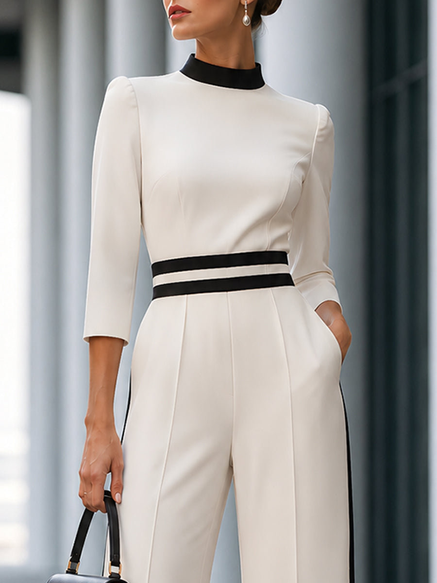 Elegant  Contrast-Trim Wide-Leg Jumpsuit
