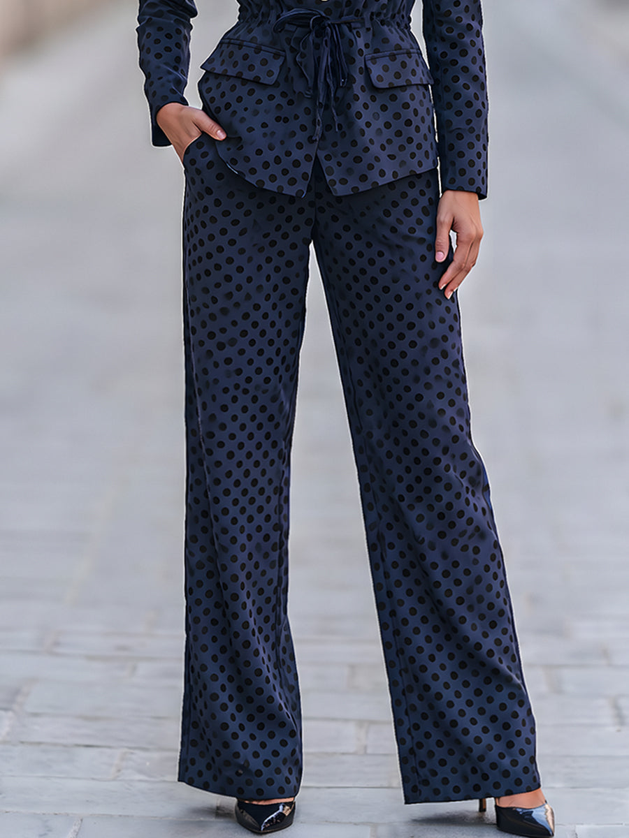 Polka Dot Drawstring Waist Blazer & Wide Leg Pants Two Piece Suit