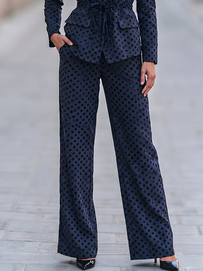 Polka Dot Drawstring Waist Blazer & Wide Leg Pants Two Piece Suit