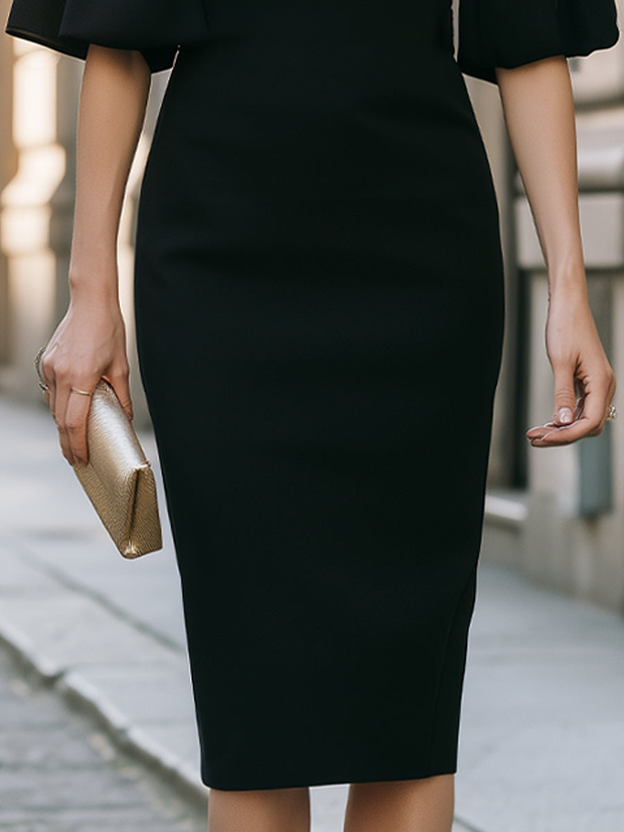 Black Puff Sleeve Sheath Dress Elegant Minimal Office Midi Dress