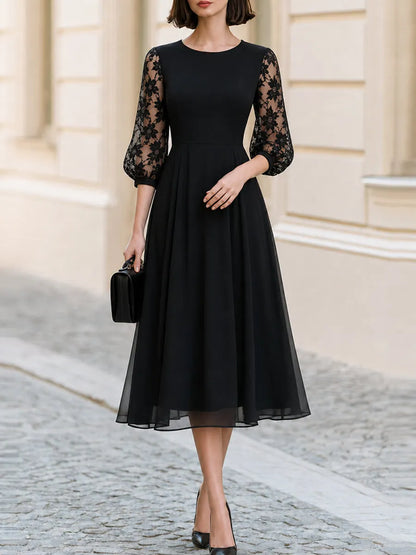 Formal Occasion Round Neck Floral Lace Puff 3/4 Sleeve  Midi A-Line Dress