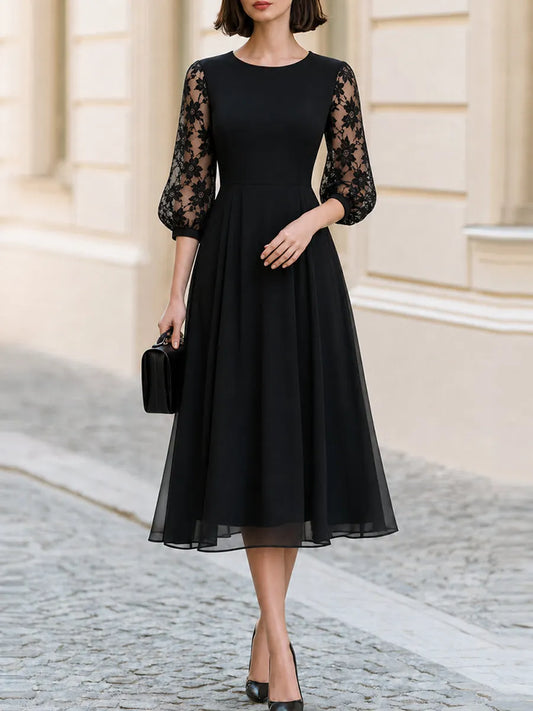 Robe midi trapèze à col rond en dentelle florale à manches bouffantes 3/4 pour occasion formelle