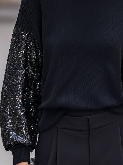 Sequin-Panel Long-Sleeve Structured Knit Top