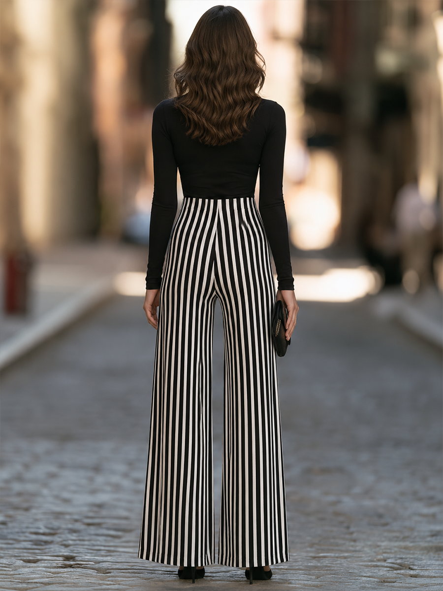 Mock-Neck Fitted Top And Vertical Stripe High-Waisted Wide-Leg Trouser Set