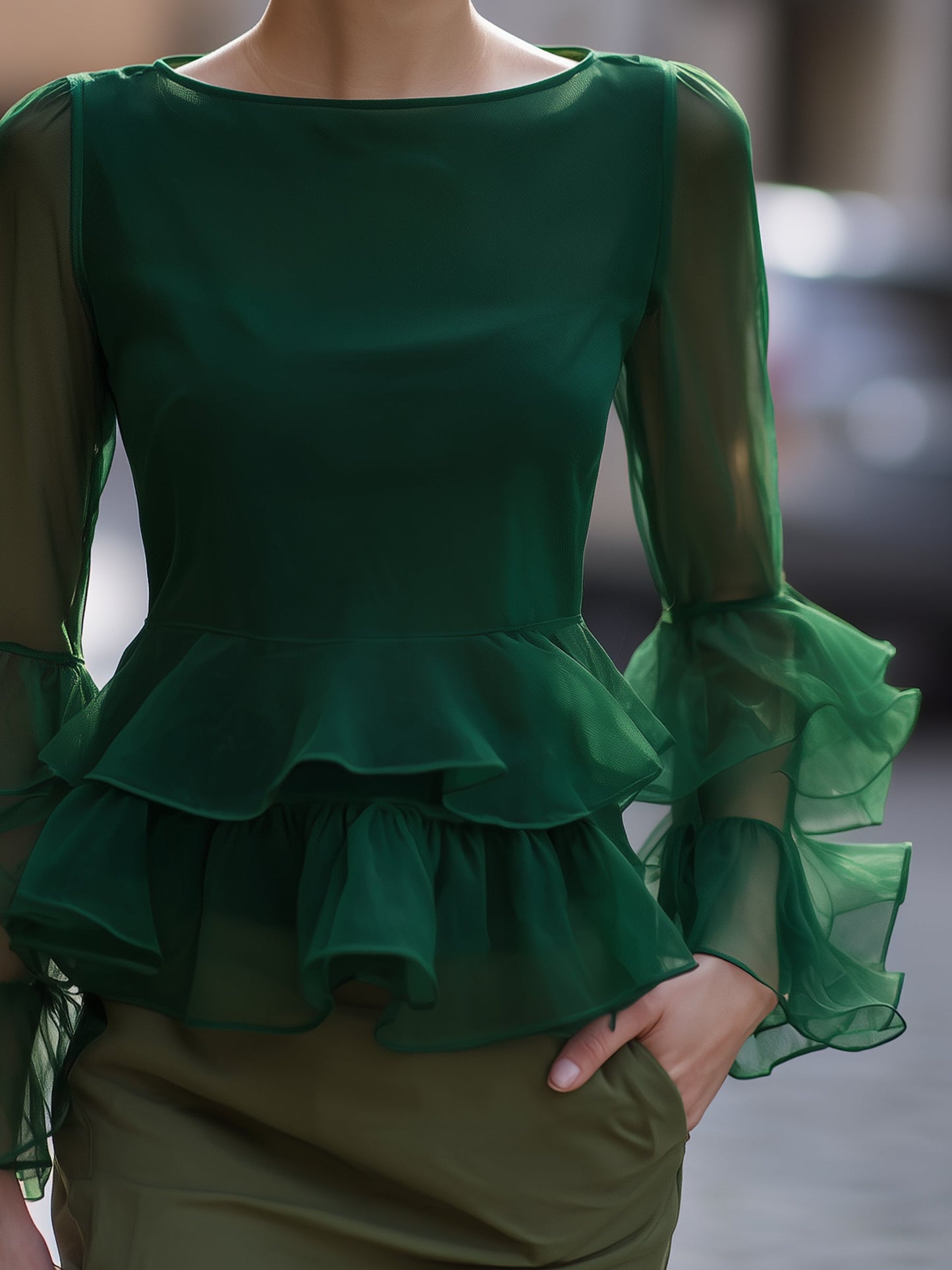 Organza Ruffle-Sleeve Peplum Top