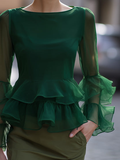 Organza Ruffle-Sleeve Peplum Top
