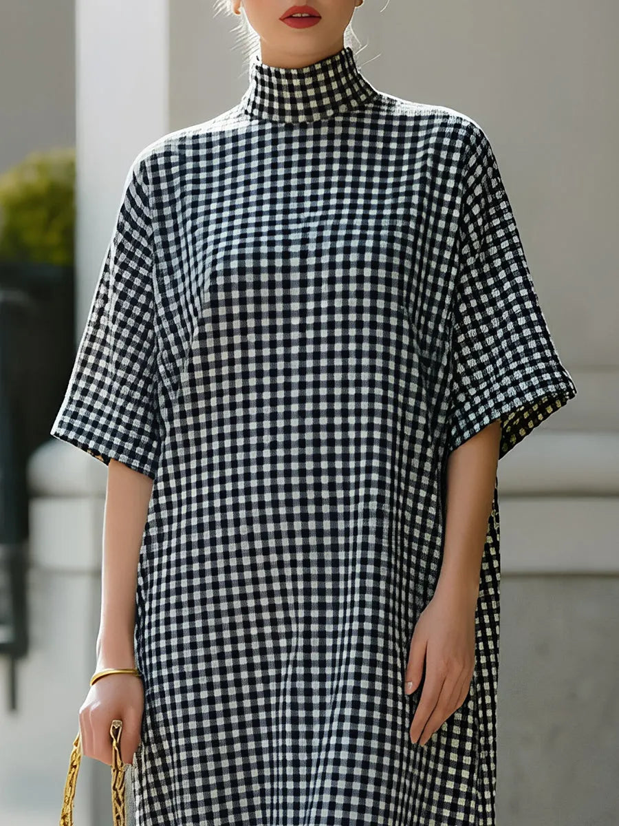 Black-and-White Gingham High-Neck Short-Sleeve Midi Shift Dress